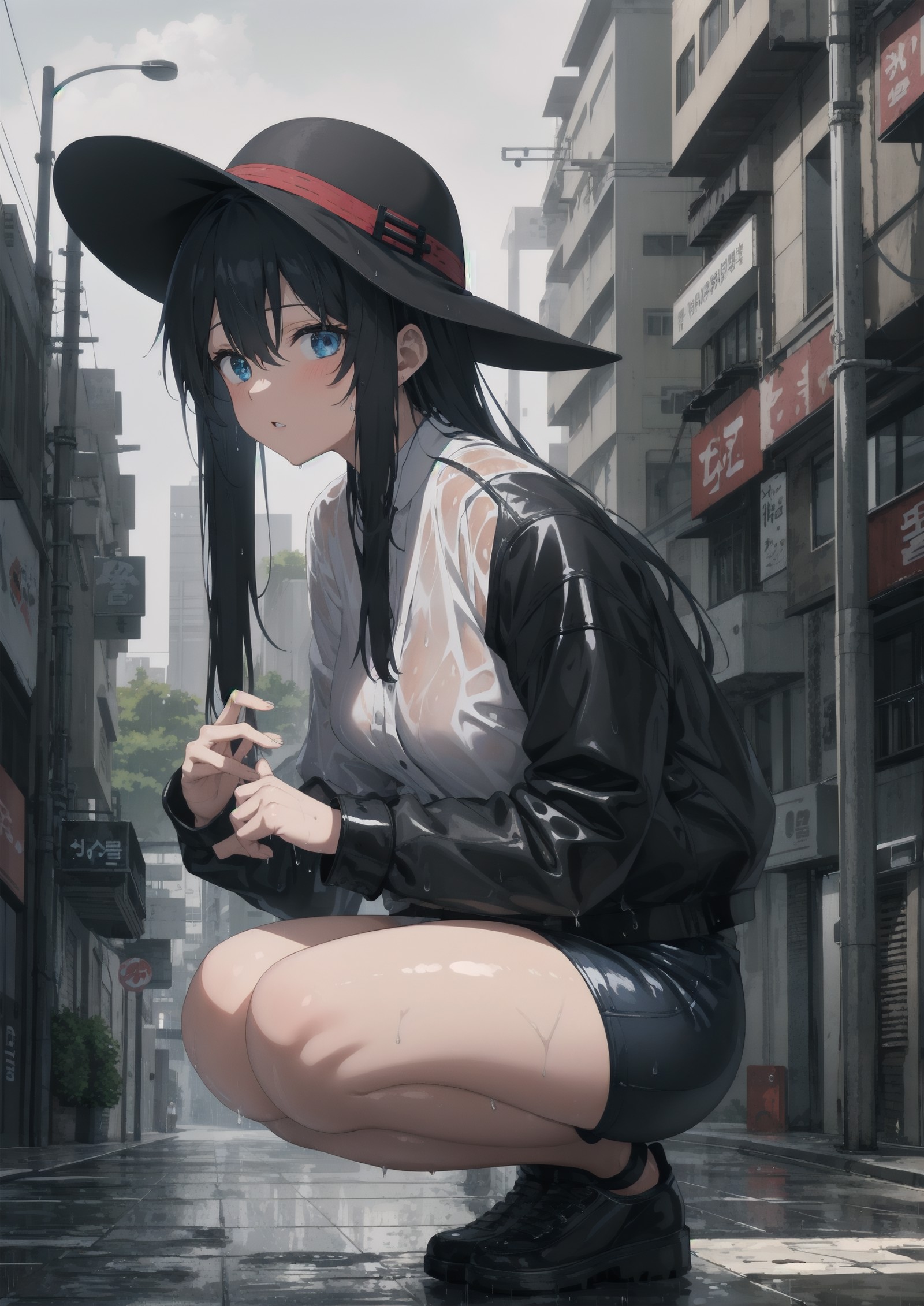 (highres, absurdres:1.1), full art illustration, BREAK
(plump:1.1), a girl in a black hat and white shirt, anime cyberpunk...
